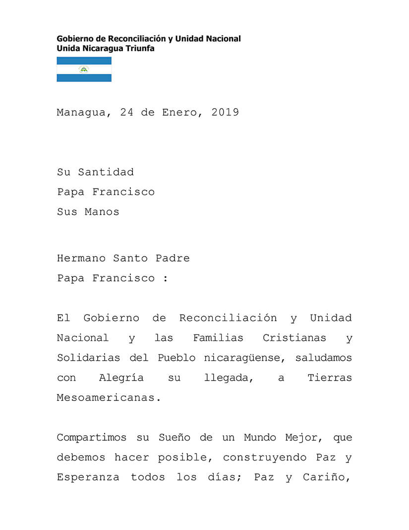 Nicaragua env&iacute;a mensaje de bienvenida al Papa Francisco a tierras mesoamericanas